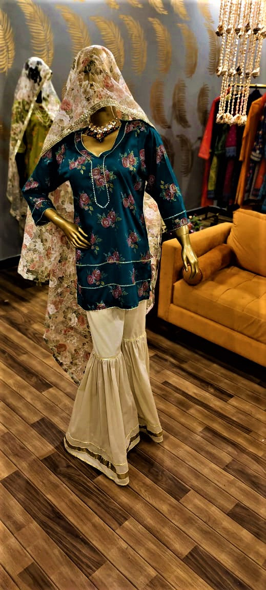 3 Piece Green Color Lawn Suit with Garara and Organza Duppatta