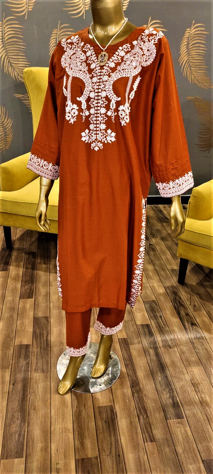 Ready to Wear- 2 Piece -Orange Colour Lawn , Embroidery Shirt (Neck, Sleeves, Back) with Lawn Embroidery Trousers.