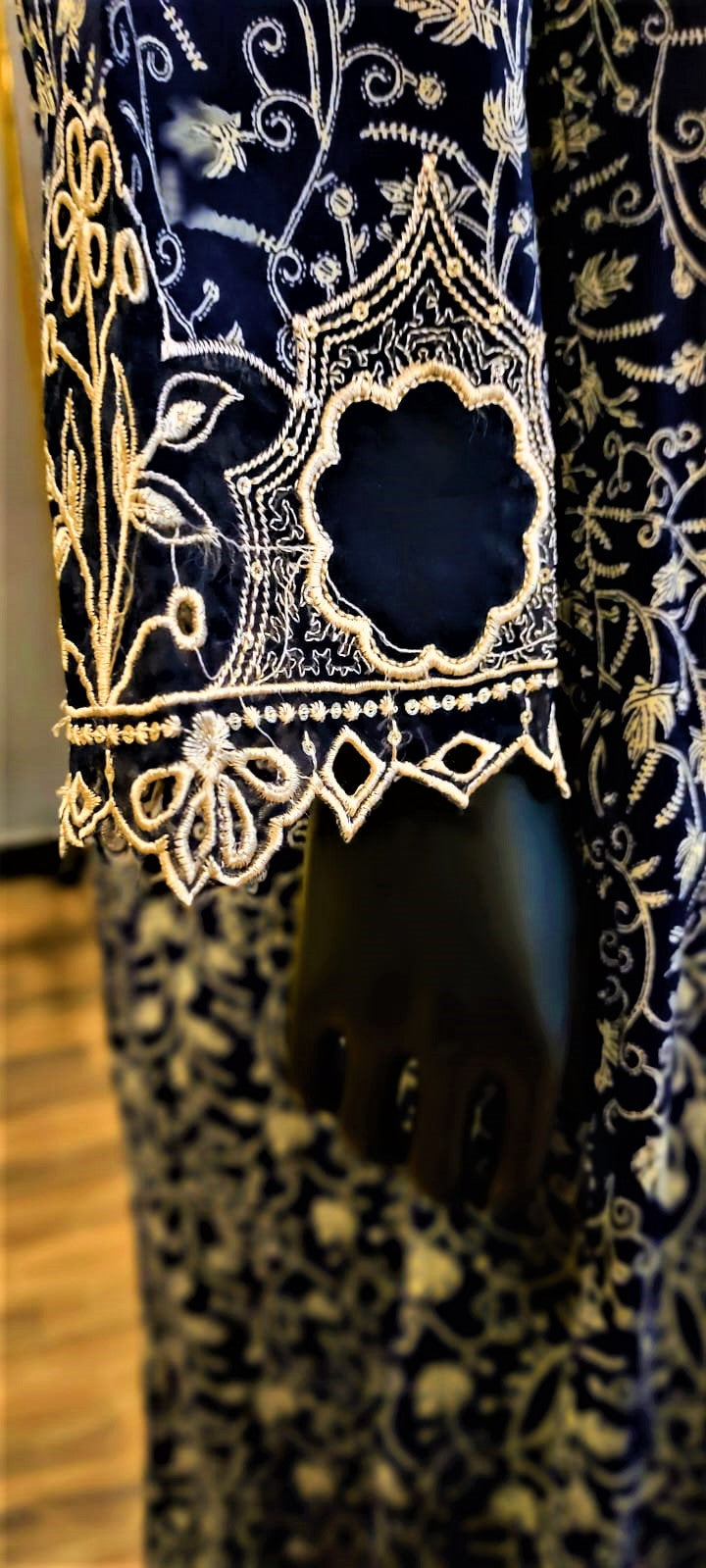 Dark Blue- 3 Piece Cutwork Embroidered Suit. Frock Style