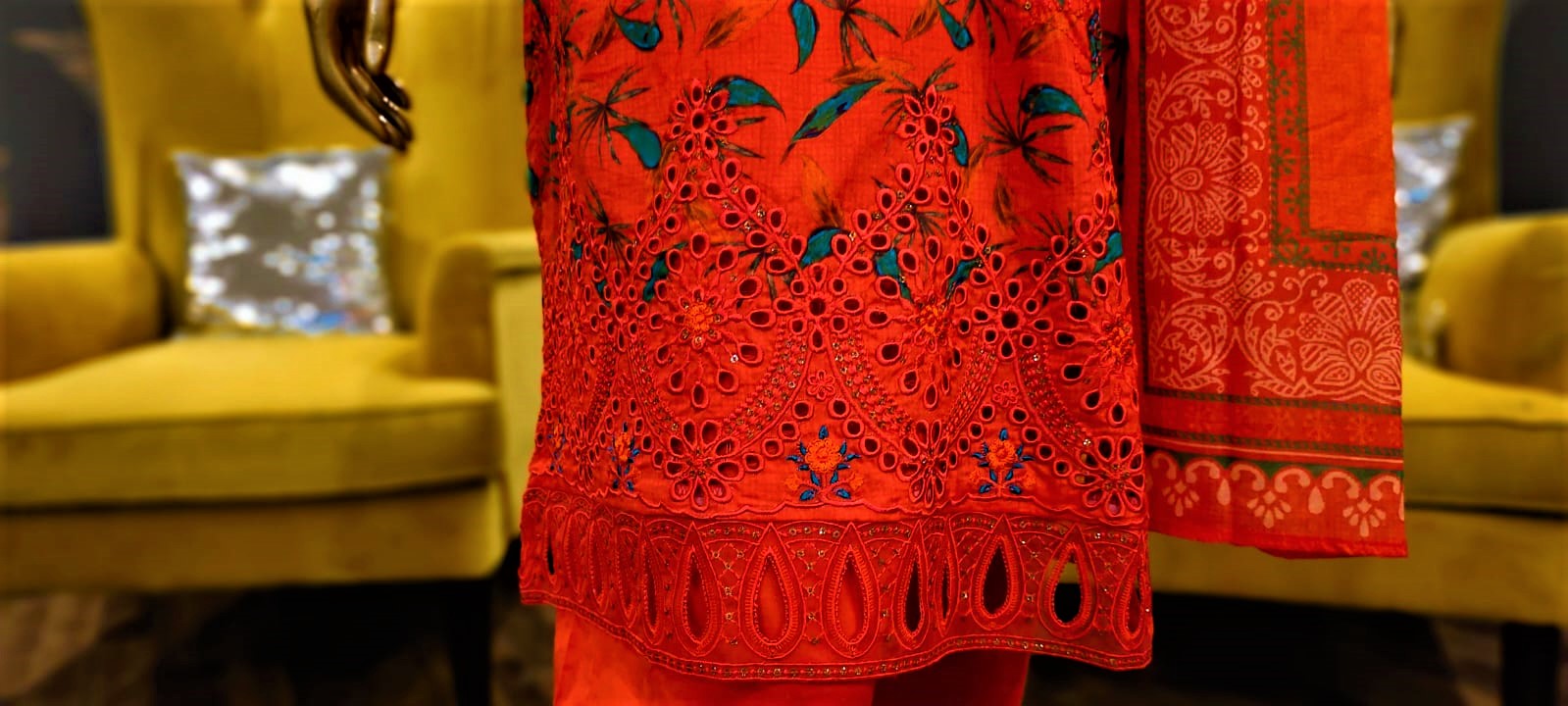 Orange Colour- 3 Piece Cutwork Embroidered Suit.
