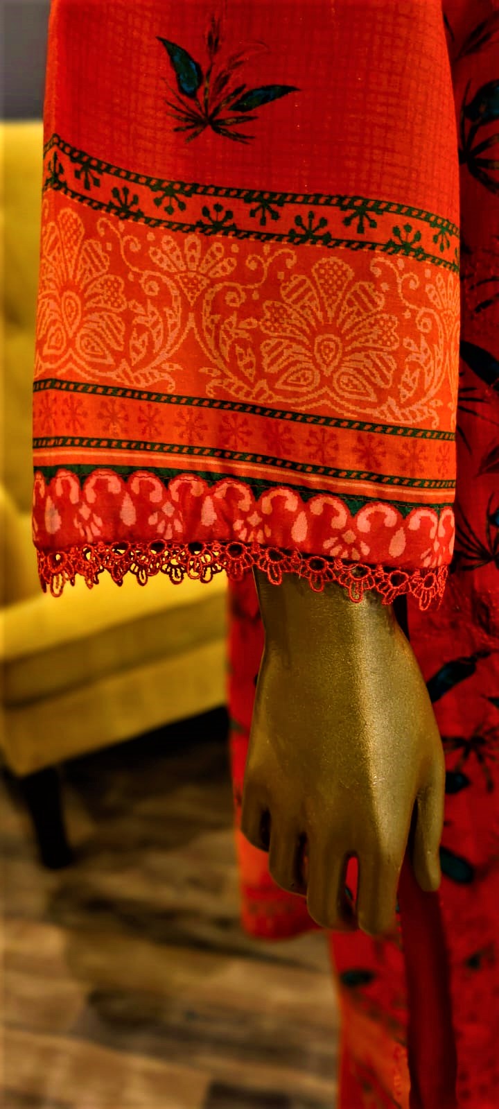 Orange Colour- 3 Piece Cutwork Embroidered Suit.