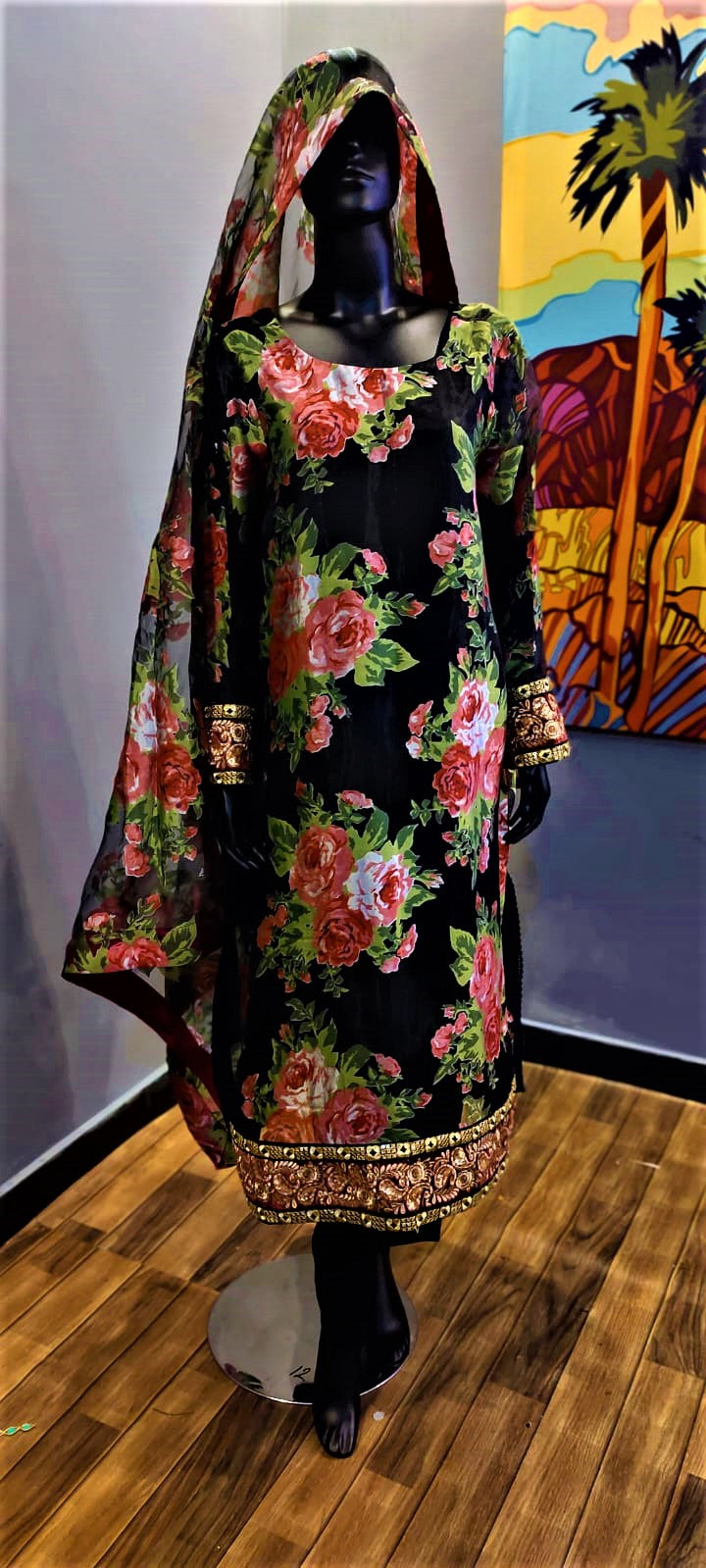 3 Piece Suit - Black Colour - Organza SHIRT - SILK TROUSERS & Organza DUPATTA.