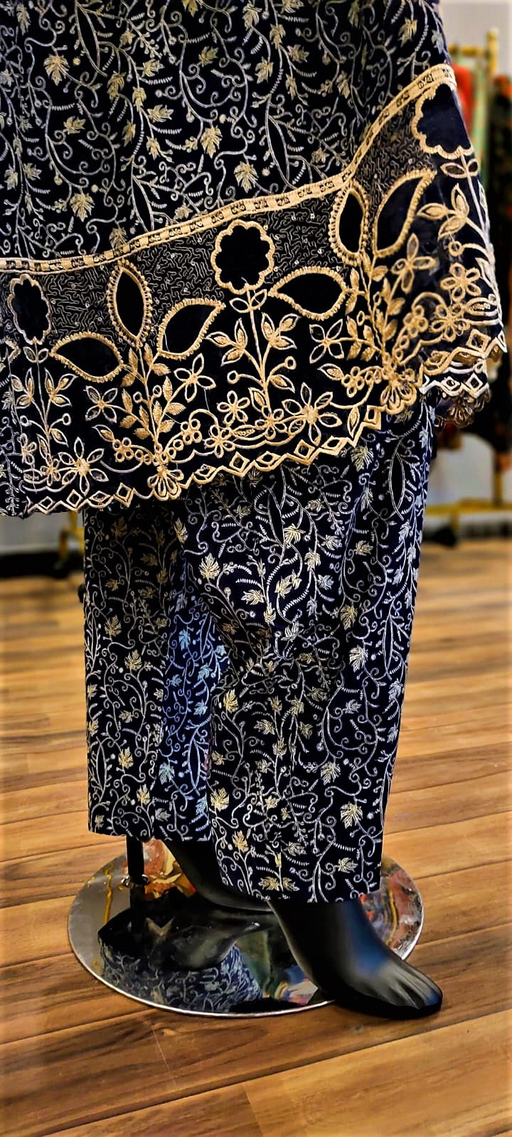 Dark Blue- 3 Piece Cutwork Embroidered Suit. Frock Style