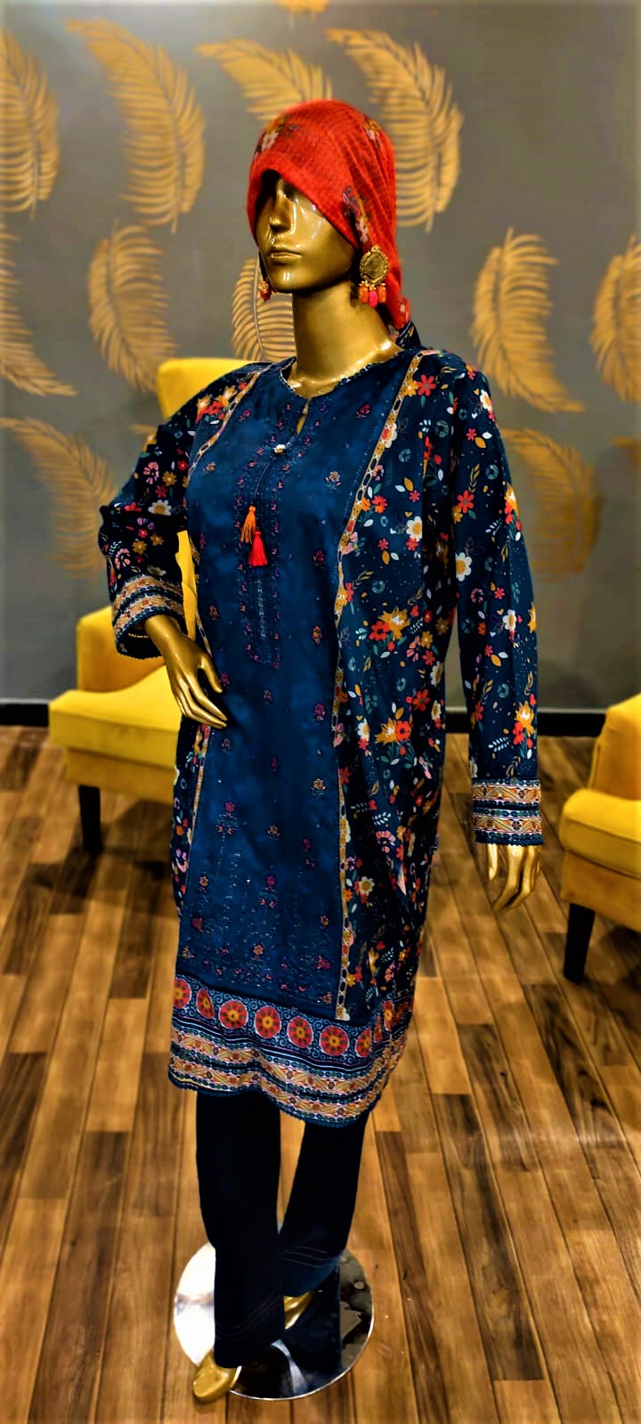 Blue Colour -3 Piece - Stitched Embroidered Lawn Suit.