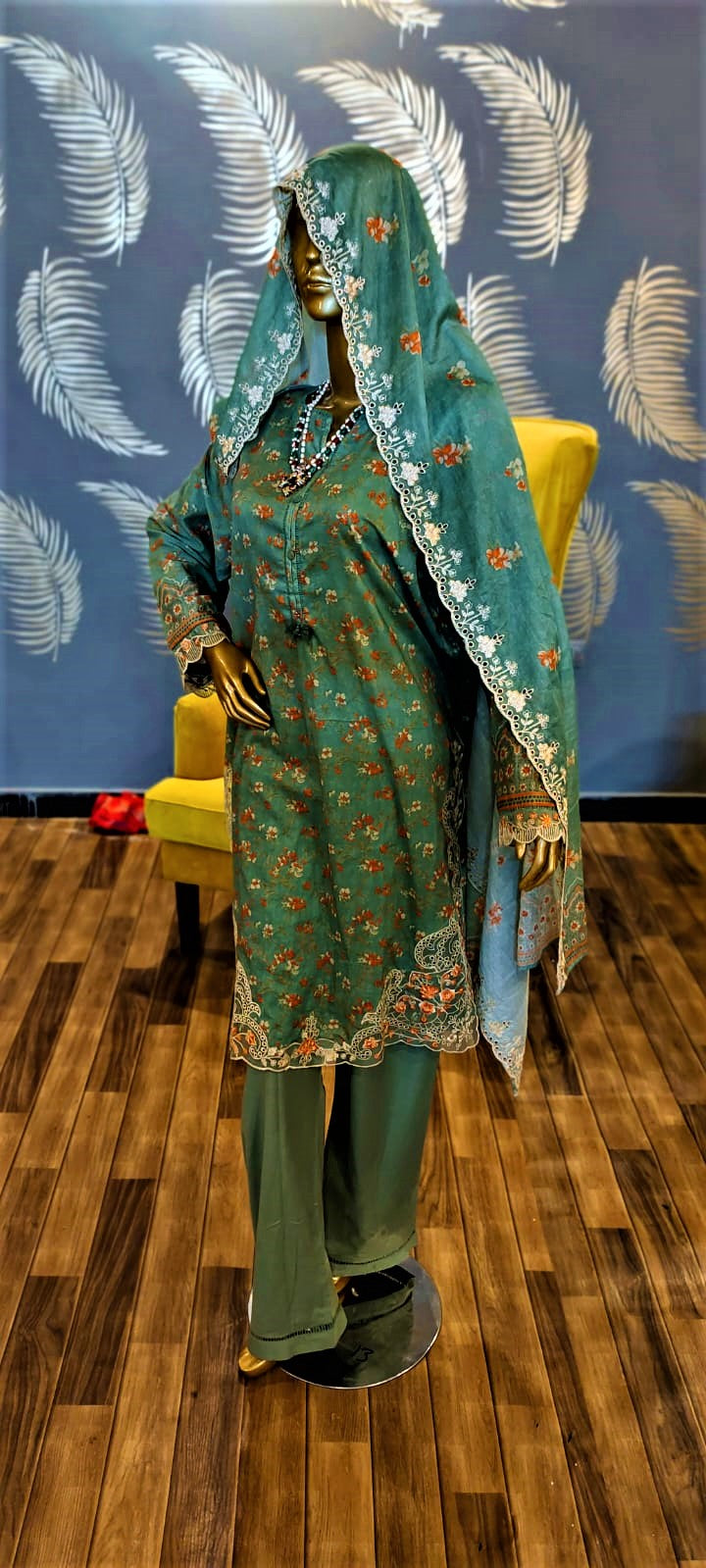 Sea Green Colour- 3 Piece Embroidered Shirt , Lawn Chickenkari Dupatta and Lawn Trousers.