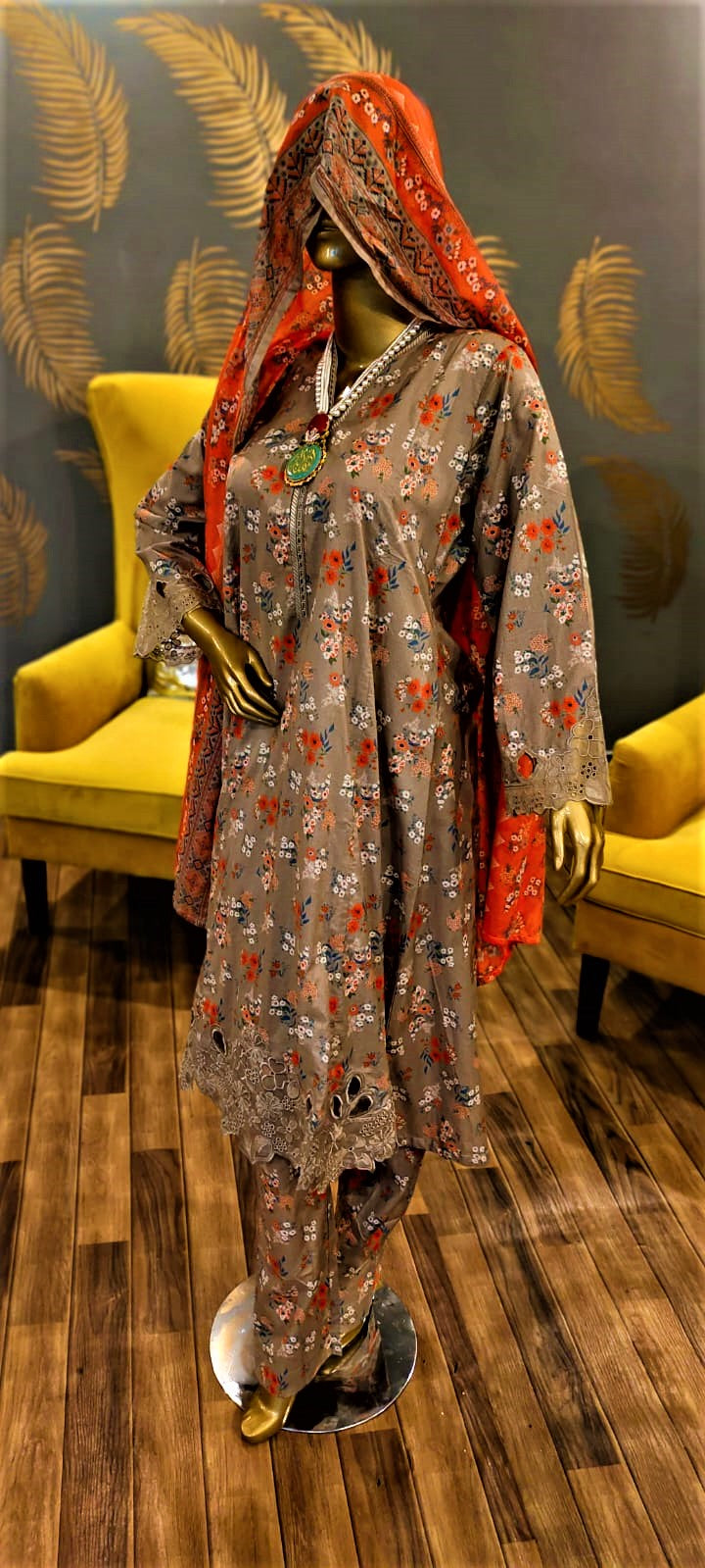 Fawn Colour- 3 Piece Cutwork Embroidered Suit. Frock Style
