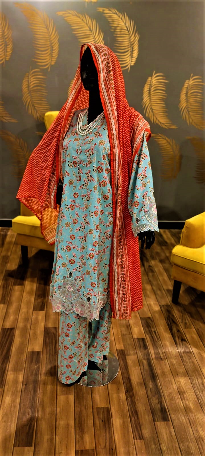 Sky Blue- 3 Piece Cutwork Embroidered Suit. Frock Style