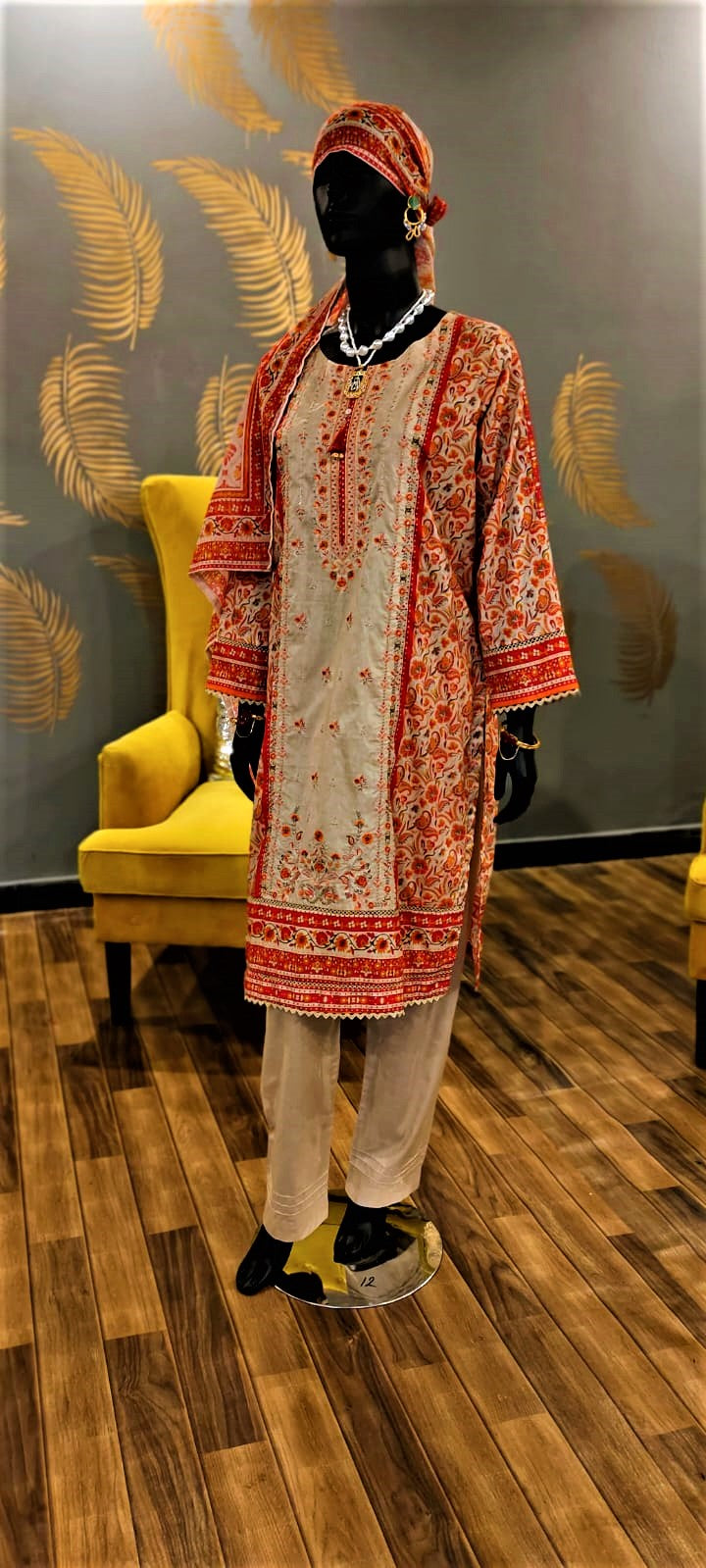 Fawn -3 Piece Stitched Embroidered Suit.