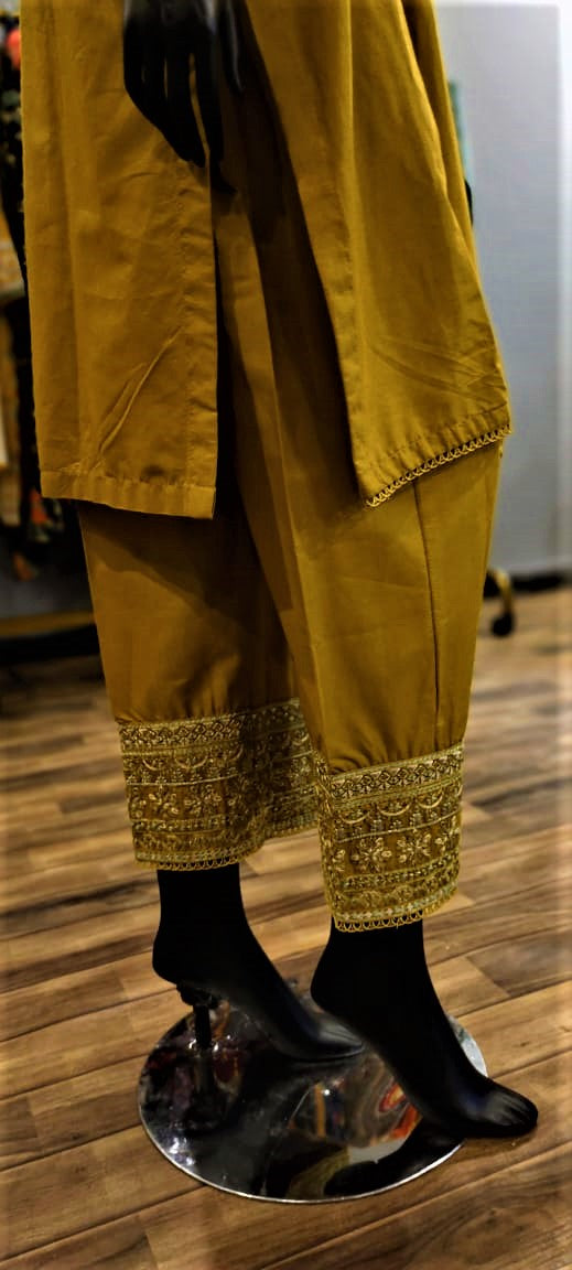 Ready to Wear- 2 Piece -Mustard Color Lawn , Embroidery Neck, Sleeves with Pockets .