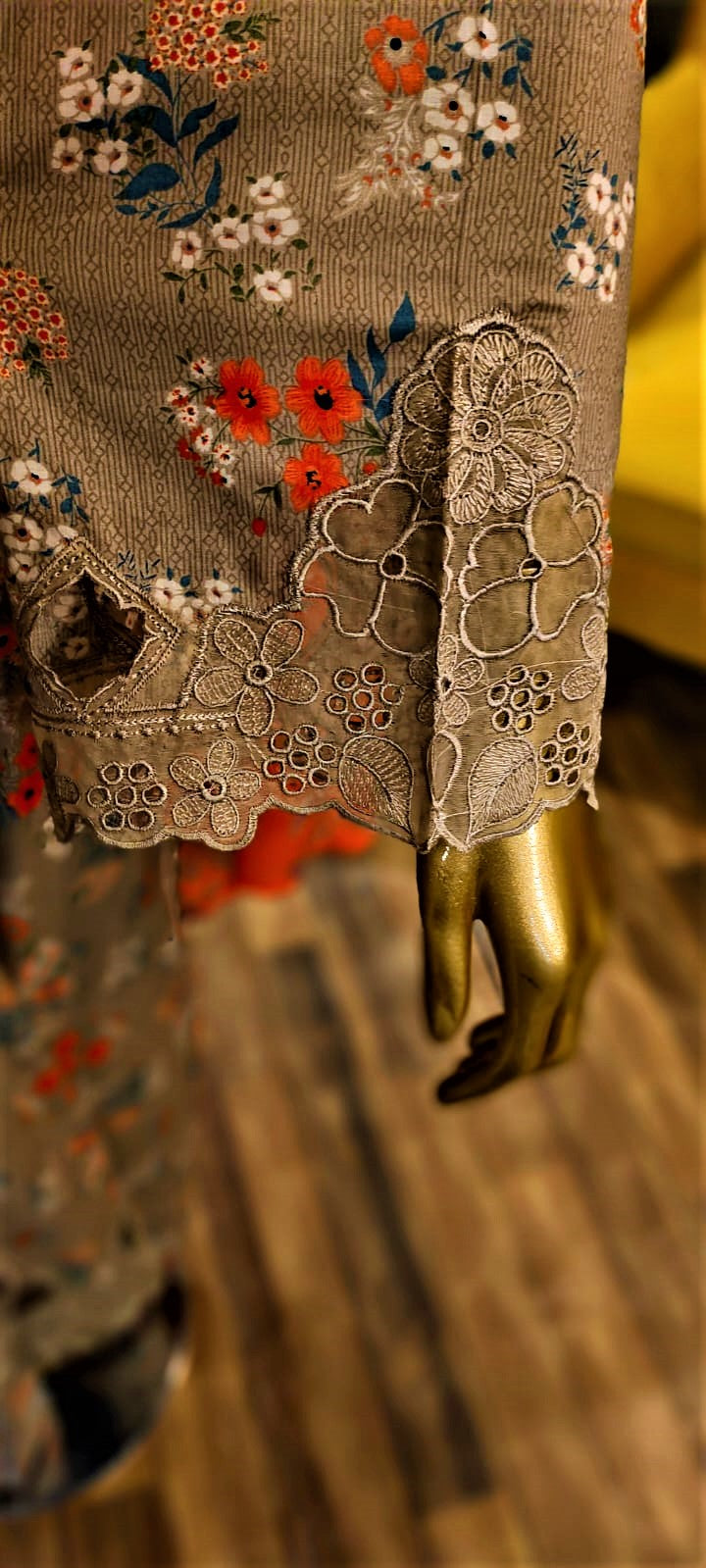 Fawn Colour- 3 Piece Cutwork Embroidered Suit. Frock Style