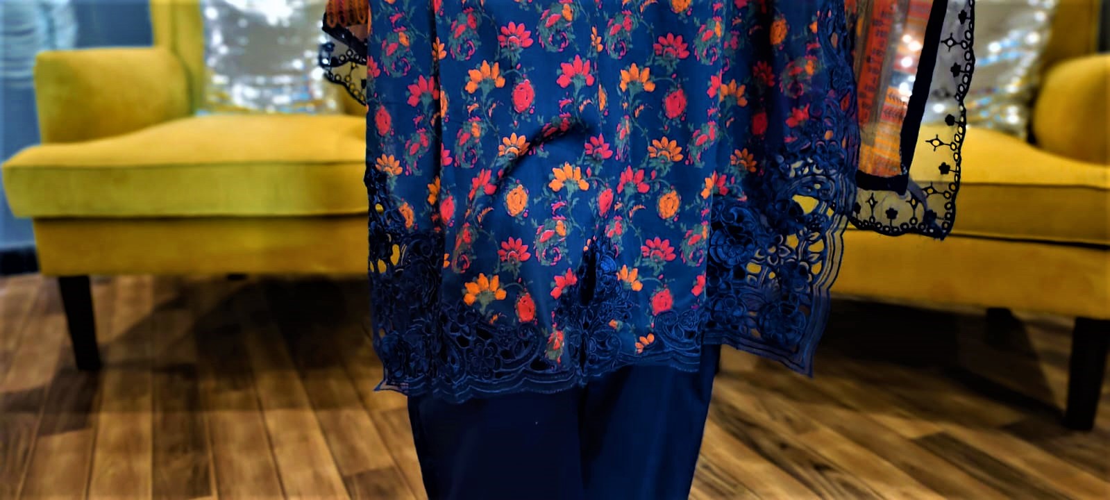 Blue Colour- 3 Piece -3D Lace-Cutwork and Chicken Kari Stitched Suit.