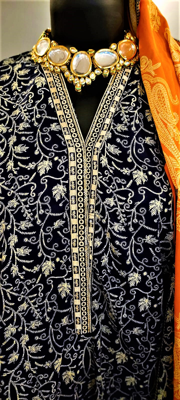 Dark Blue- 3 Piece Cutwork Embroidered Suit. Frock Style