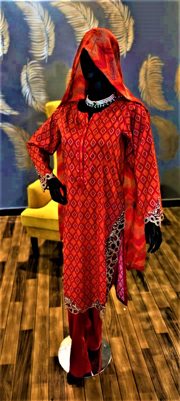 Pink Colour - 3 Piece Suit- 3 Piece Cutwork Embroidered Suit.