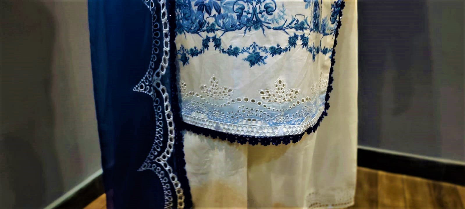 Ready to Wear- 3 Piece -Blue Colour Lawn , Embroidery Shirt & Crinkle Dupatta