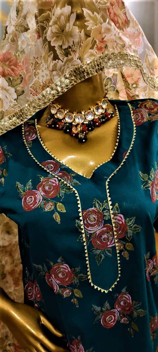3 Piece Green Color Lawn Suit with Garara and Organza Duppatta