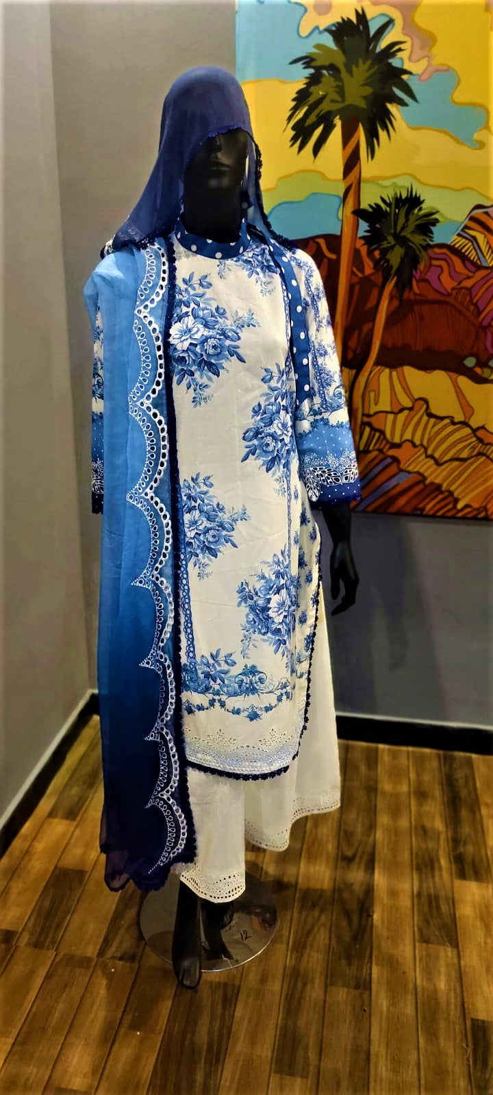 Ready to Wear- 3 Piece -Blue Colour Lawn , Embroidery Shirt & Crinkle Dupatta