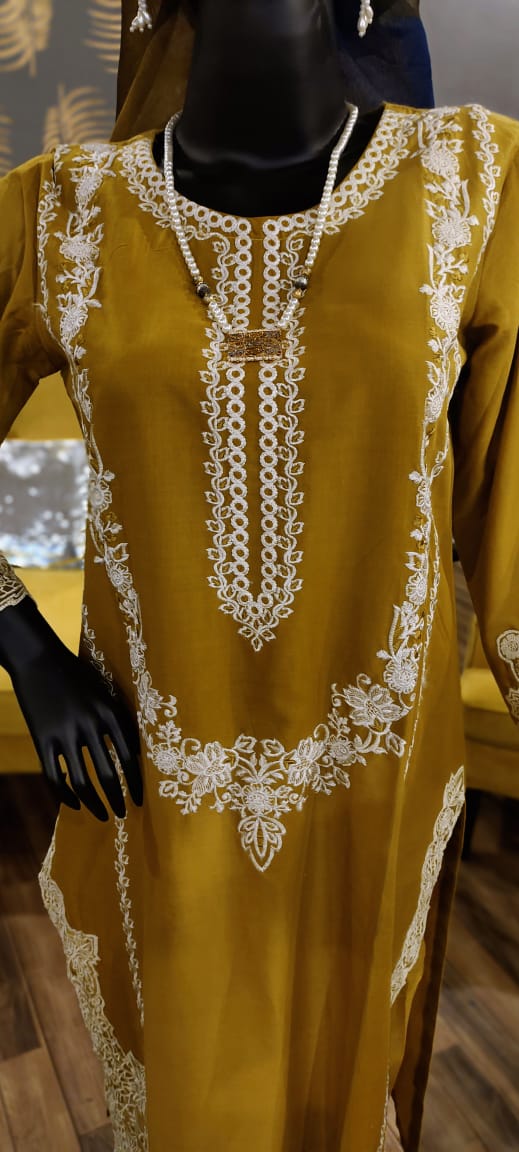 Ready to Wear- 3 Piece -Mustard Color Lawn , Embroidery Shirt , Lawn Trousers & Net Dupatta