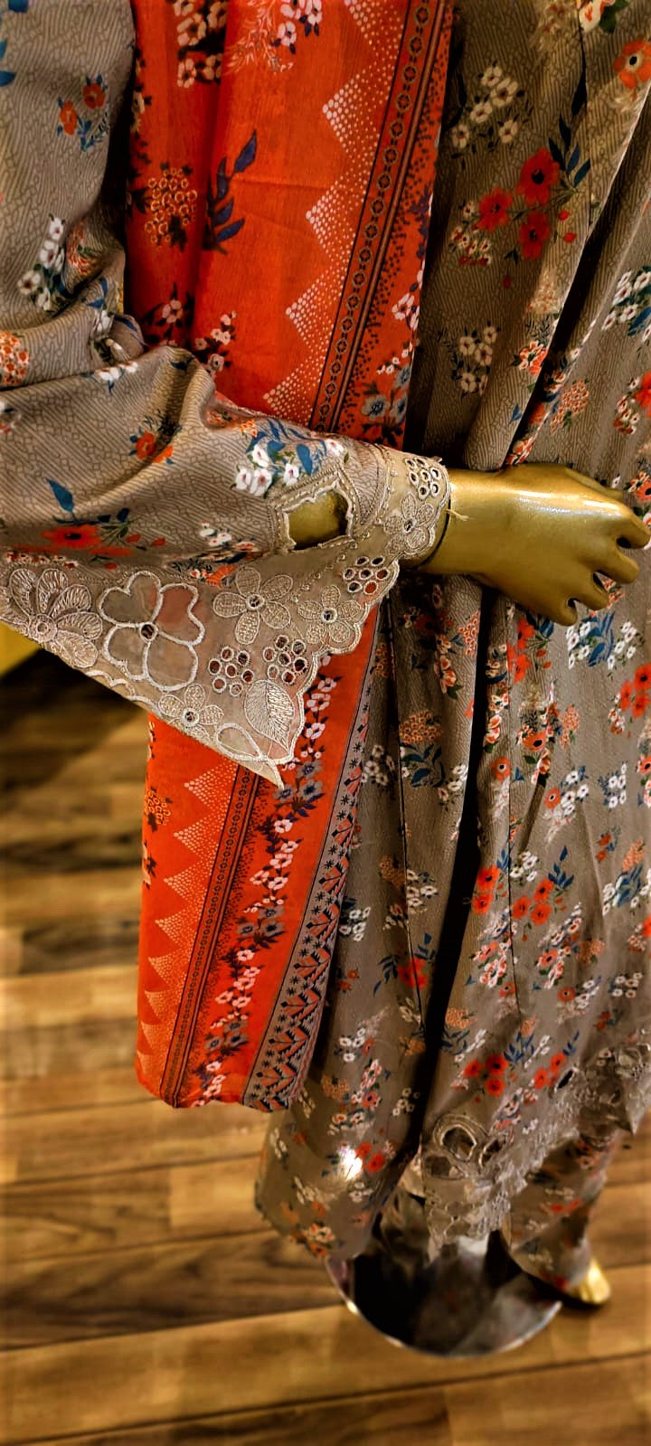 Fawn Colour- 3 Piece Cutwork Embroidered Suit. Frock Style