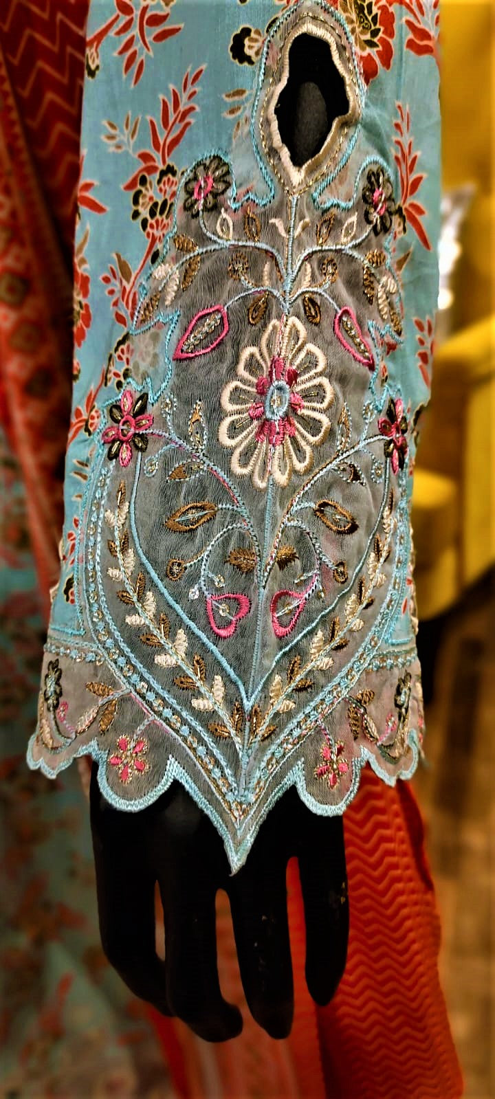 Sky Blue- 3 Piece Cutwork Embroidered Suit. Frock Style