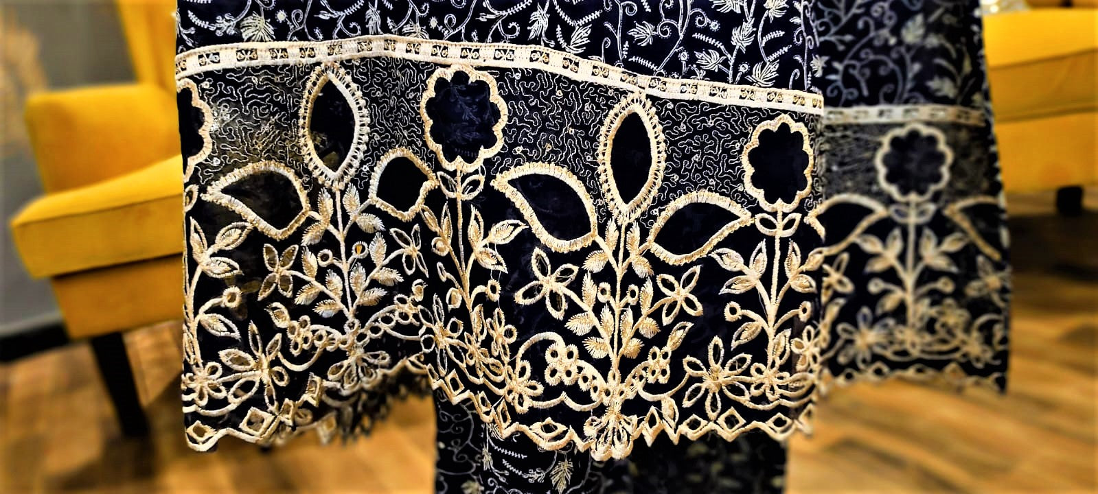 Dark Blue- 3 Piece Cutwork Embroidered Suit. Frock Style
