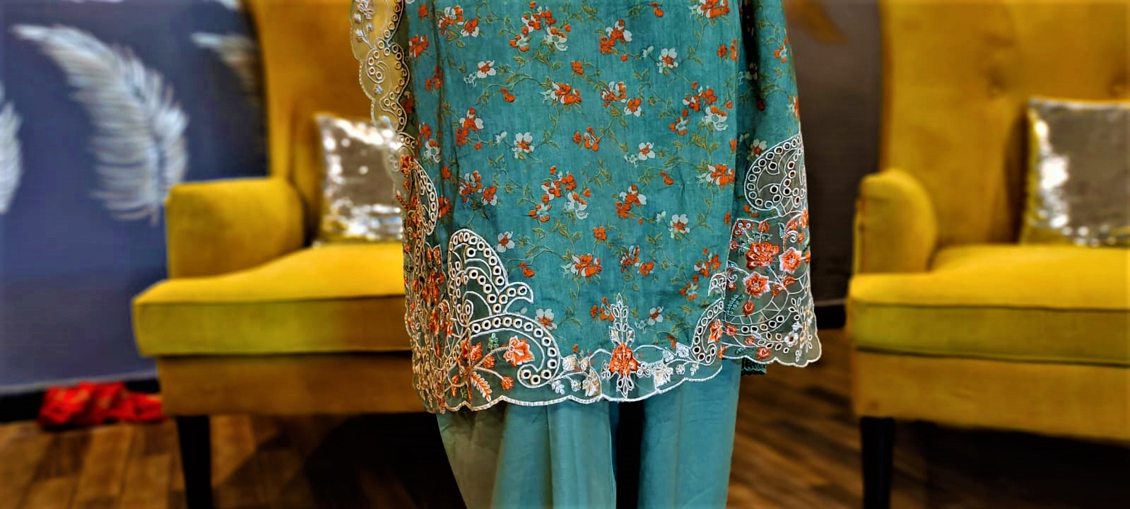 Sea Green Colour- 3 Piece Embroidered Shirt , Lawn Chickenkari Dupatta and Lawn Trousers.