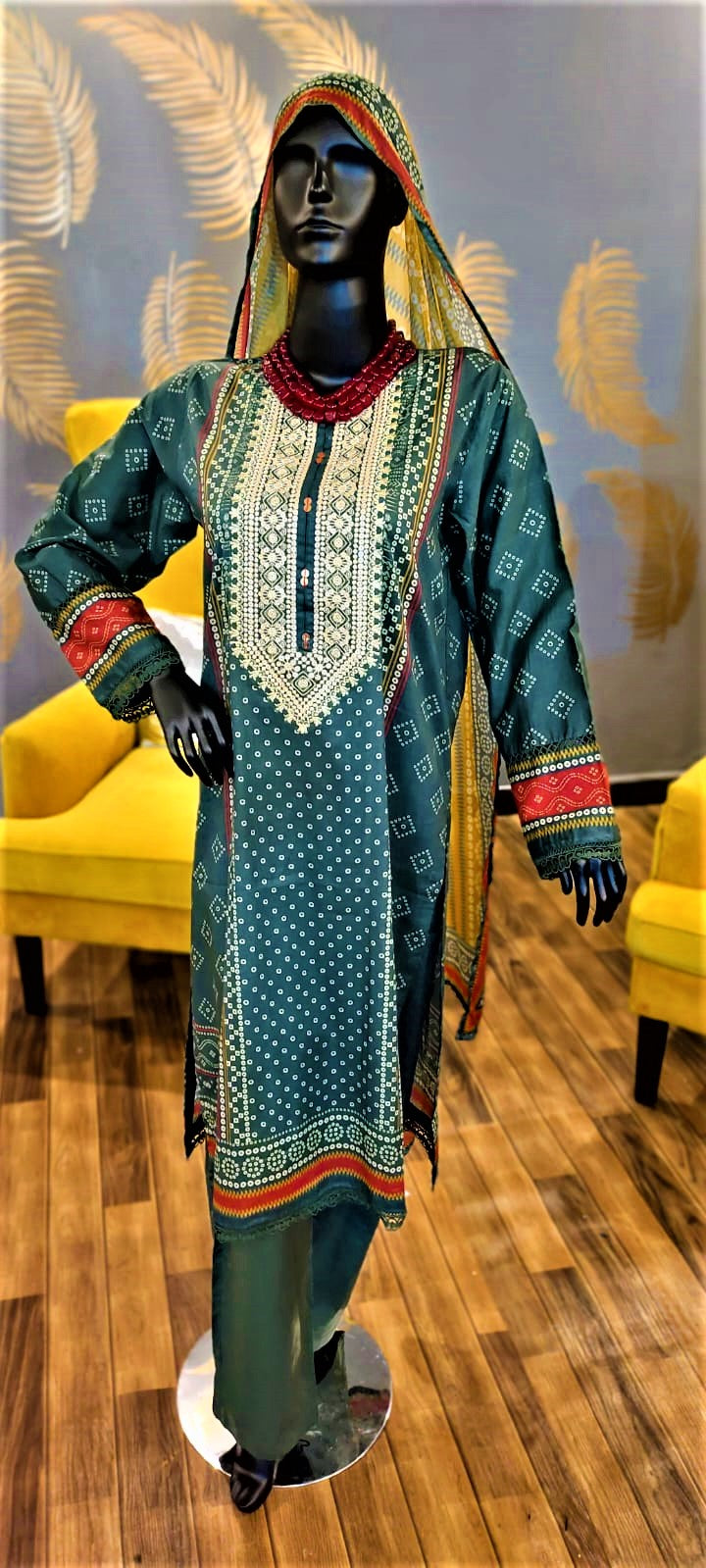 3 Piece Green Colour Chundri Lawn Embroidered Ready to Wear Suit.