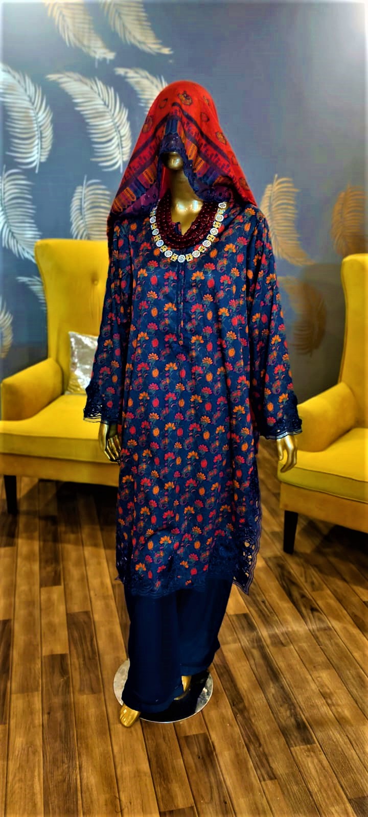 Blue Colour- 3 Piece -3D Lace-Cutwork and Chicken Kari Stitched Suit.