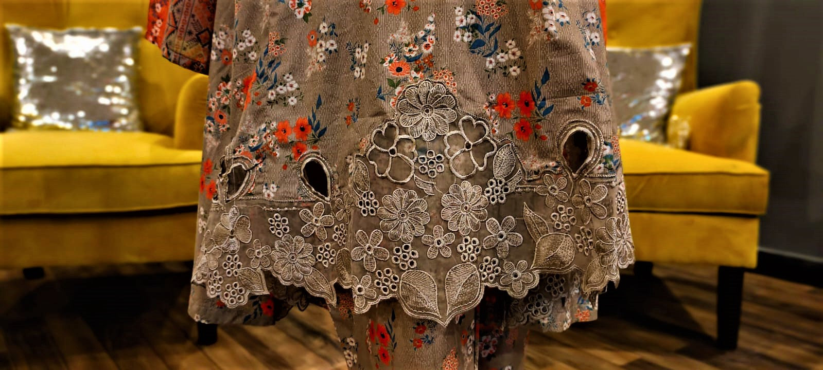 Fawn Colour- 3 Piece Cutwork Embroidered Suit. Frock Style