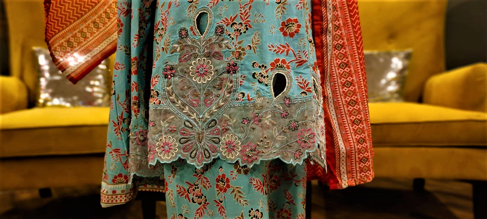 Sky Blue- 3 Piece Cutwork Embroidered Suit. Frock Style