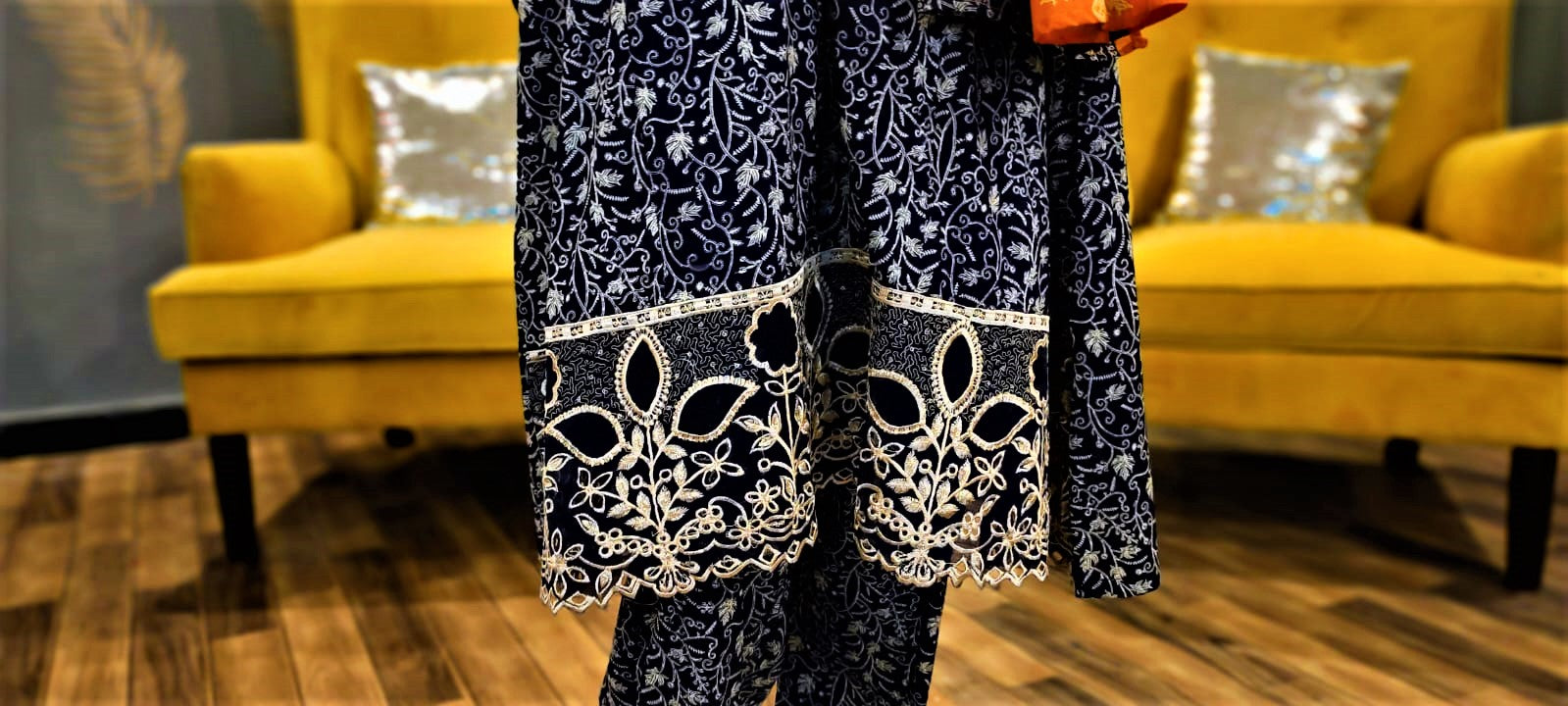 Dark Blue- 3 Piece Cutwork Embroidered Suit. Frock Style