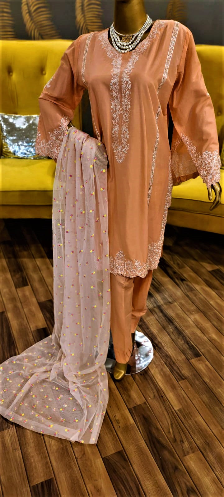 Ready to Wear- 3 Piece -Pink Colour Lawn , Embroidery Shirt (Neck, Sleeves, Daman) - Lawn Trousers & Net Embroidery Dupatta.