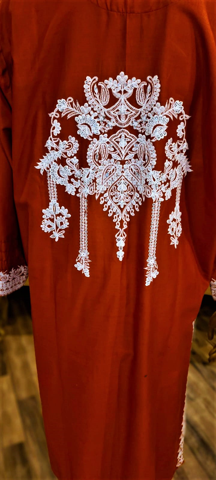 Ready to Wear- 3 Piece -Orange Colour Lawn, Embroidery Shirt (Neck, Sleeves, Back)- Lawn Embroidery Trousers & Embroidery Net Dupatta..