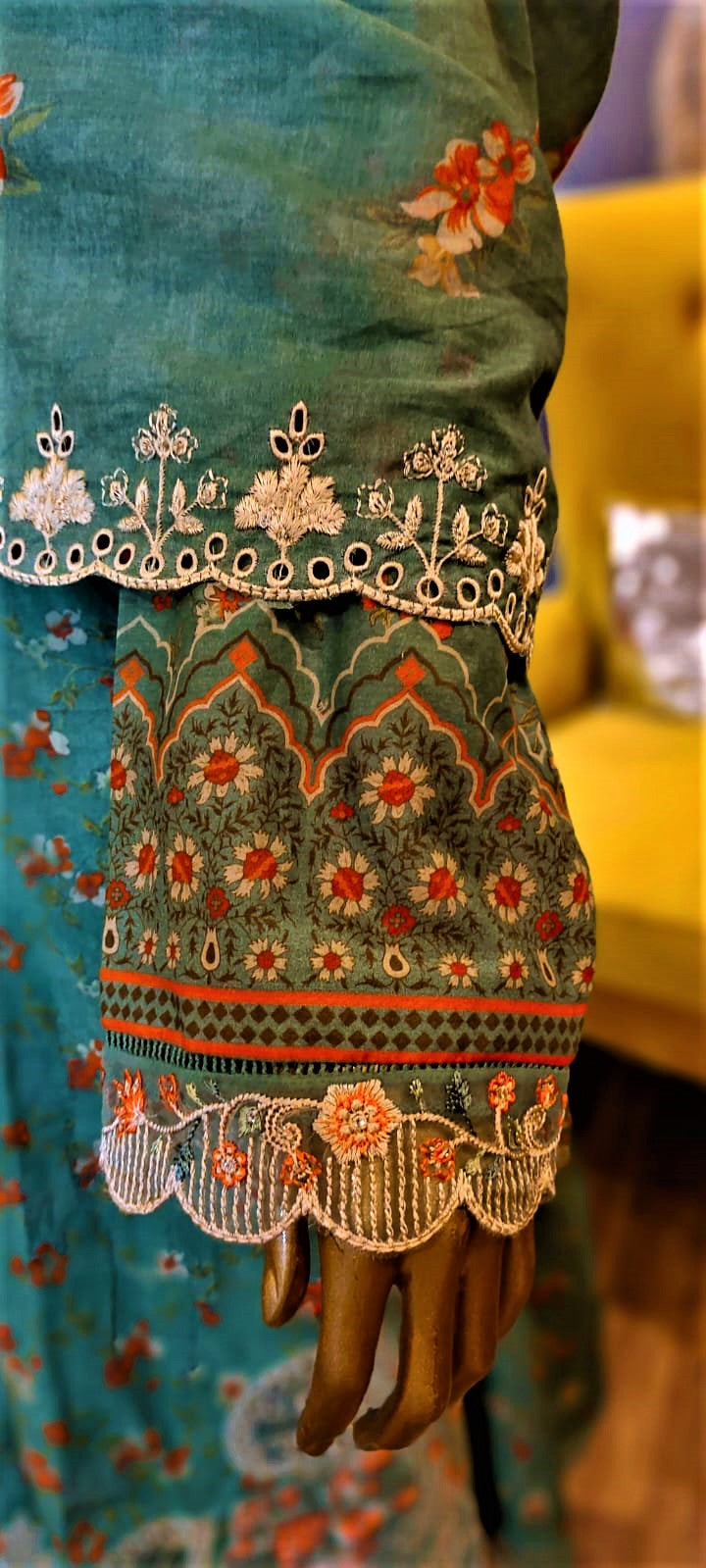 Sea Green Colour- 3 Piece Embroidered Shirt , Lawn Chickenkari Dupatta and Lawn Trousers.