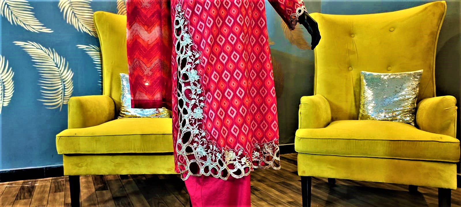 Pink Colour - 3 Piece Suit- 3 Piece Cutwork Embroidered Suit.