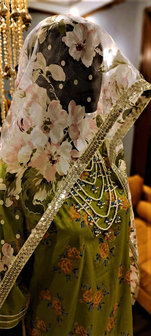 3 Piece Green Color Lawn Suit with Garara and Organza Duppatta