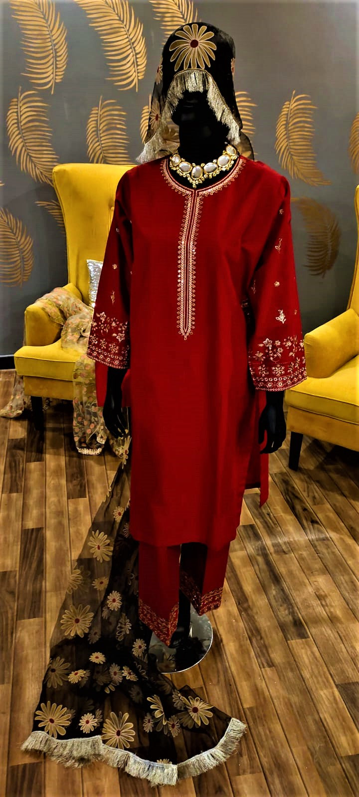 Ready to Wear- 3 Piece -Red Color Lawn Embroidered with Pockets Stitched Suit with Organza Dupatta..