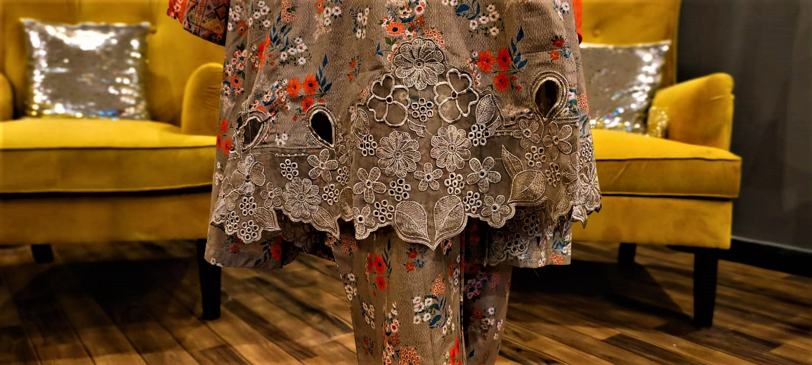 Fawn Colour- 3 Piece Cutwork Embroidered Suit. Frock Style
