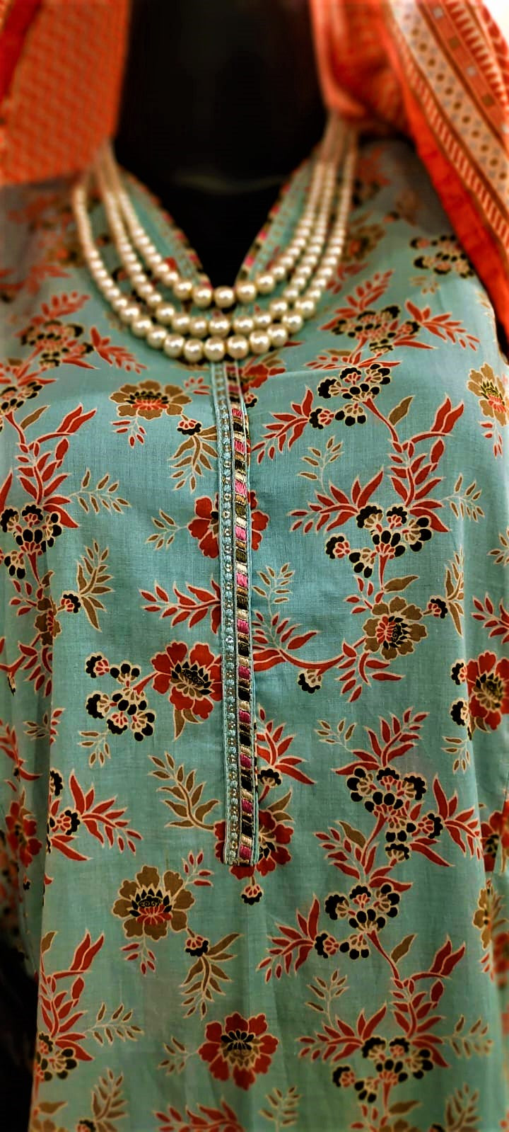 Sky Blue- 3 Piece Cutwork Embroidered Suit. Frock Style
