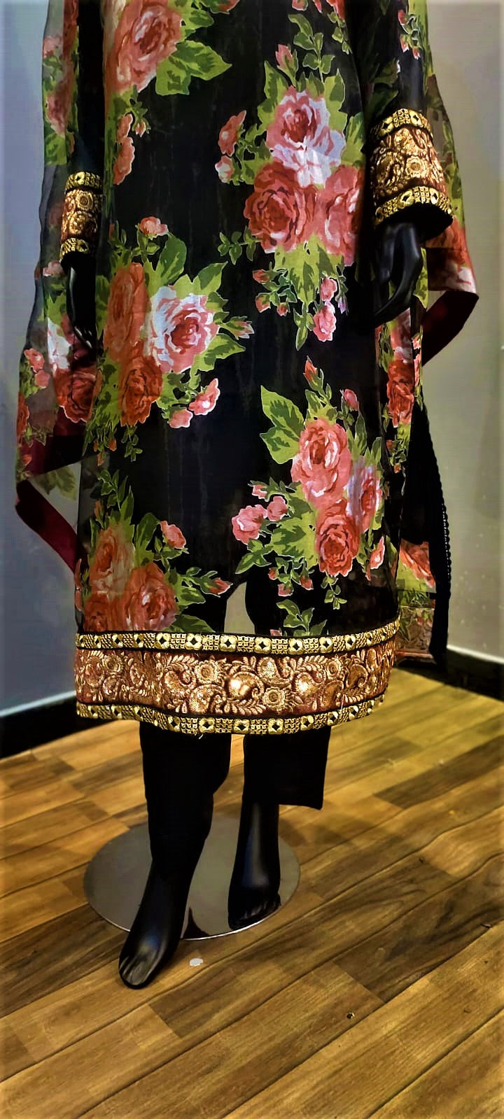 3 Piece Suit - Black Colour - Organza SHIRT - SILK TROUSERS & Organza DUPATTA.