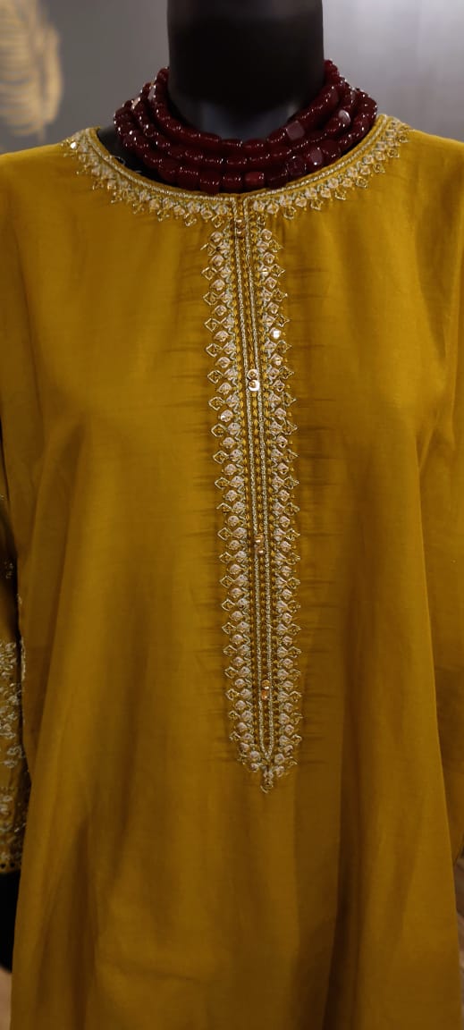 Ready to Wear- 2 Piece -Mustard Color Lawn , Embroidery Neck, Sleeves with Pockets .