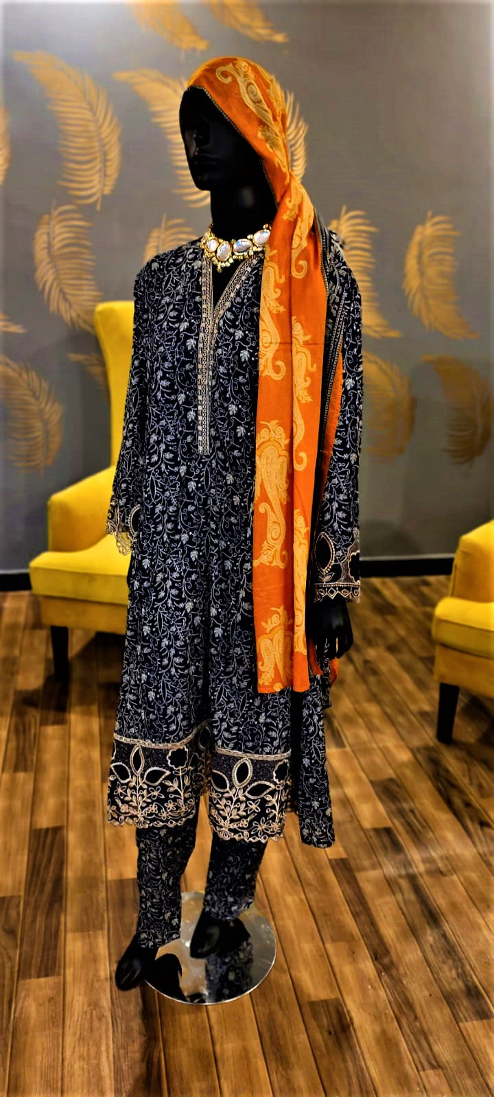 Dark Blue- 3 Piece Cutwork Embroidered Suit. Frock Style
