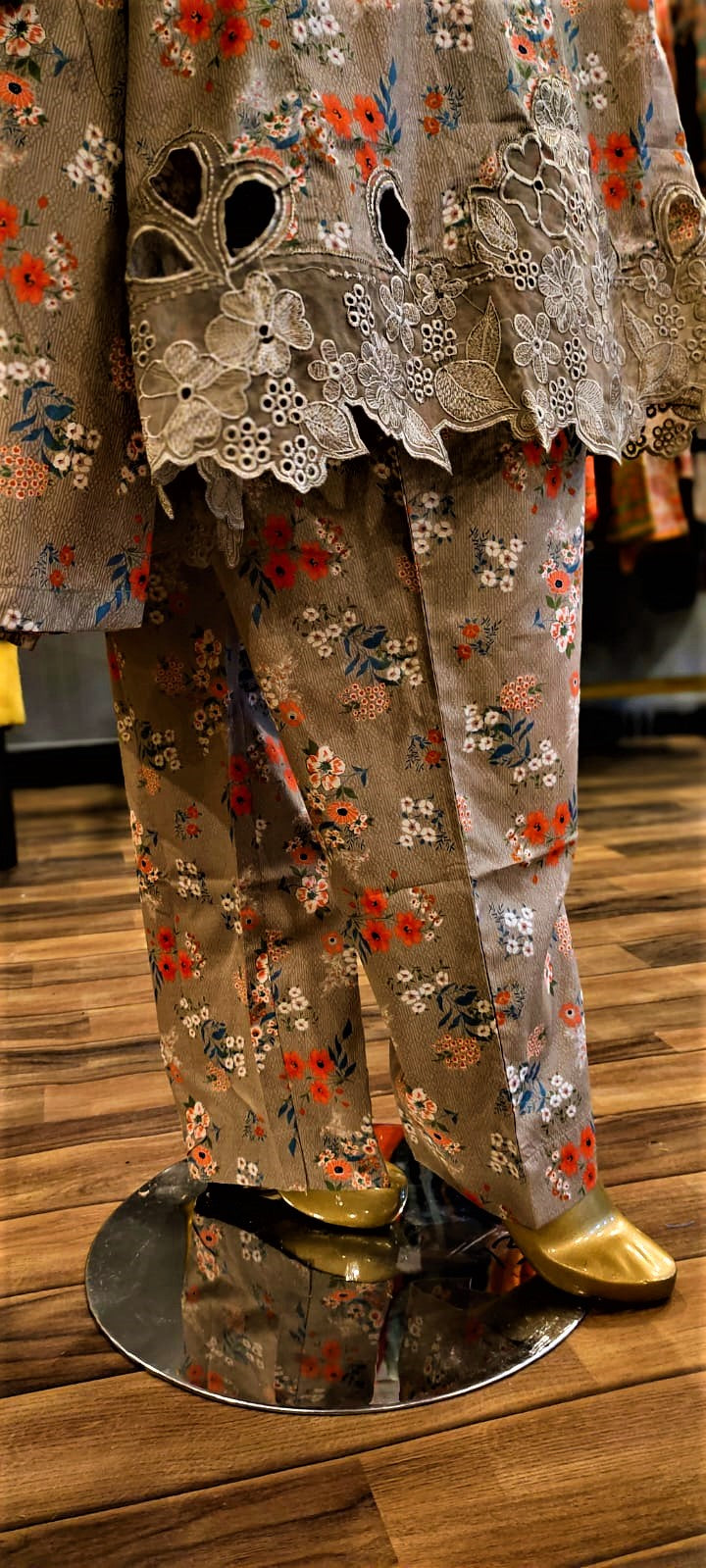 Fawn Colour- 3 Piece Cutwork Embroidered Suit. Frock Style