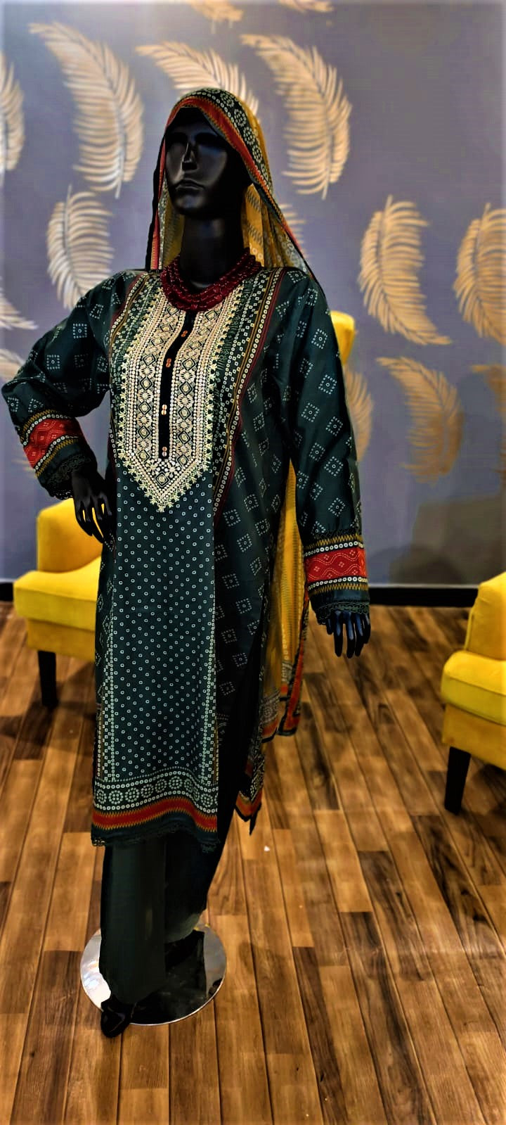 3 Piece Green Colour Chundri Lawn Embroidered Ready to Wear Suit.