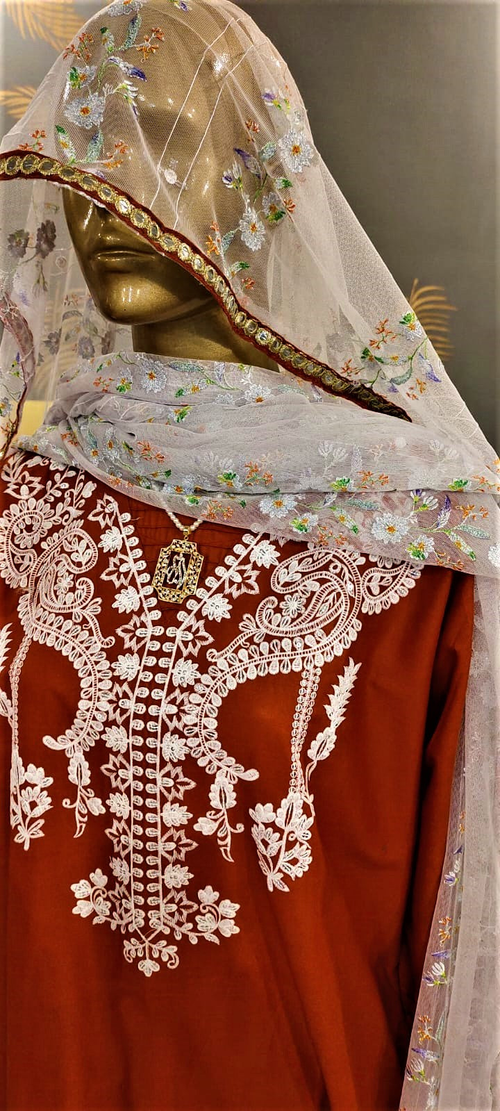 Ready to Wear- 3 Piece -Orange Colour Lawn, Embroidery Shirt (Neck, Sleeves, Back)- Lawn Embroidery Trousers & Embroidery Net Dupatta..
