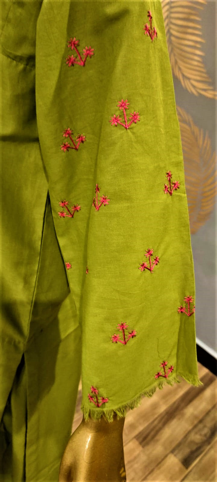 Ready to Wear- 2 Piece -Green Colour Lawn , Embroidery Shirt (Neck, Sleeves, Daman) with Lawn Trousers.