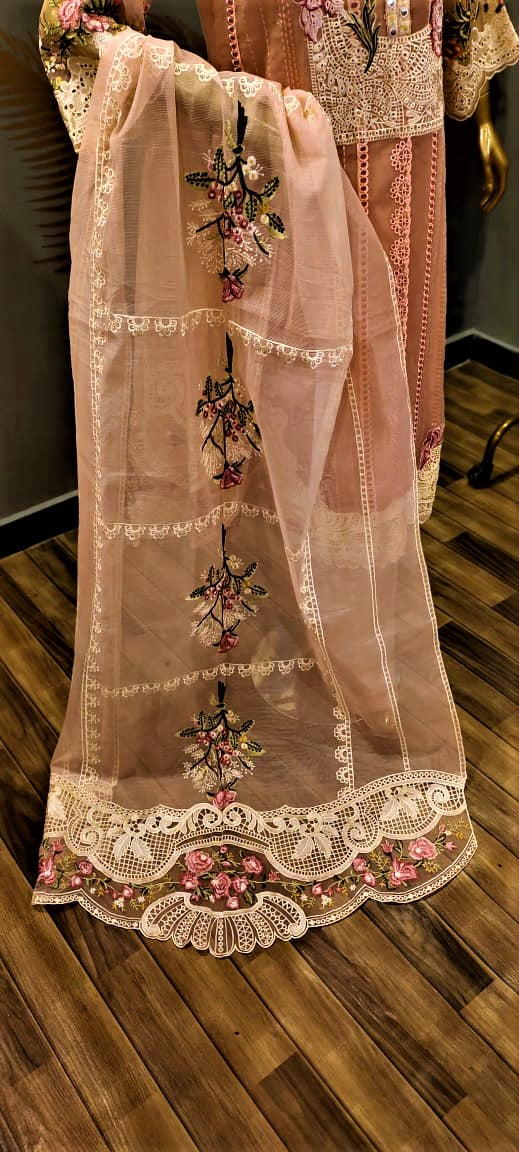 3 Piece Suit - Baby Pink Colour - COLOUR LAWN, EMBROIDERY SHIRT (NECK, SLEEVES, BACK)- LAWN TROUSERS & EMBROIDERY NET DUPATTA