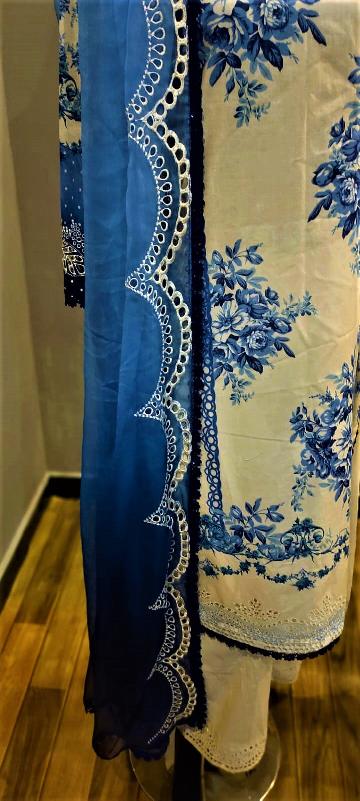 Ready to Wear- 3 Piece -Blue Colour Lawn , Embroidery Shirt & Crinkle Dupatta