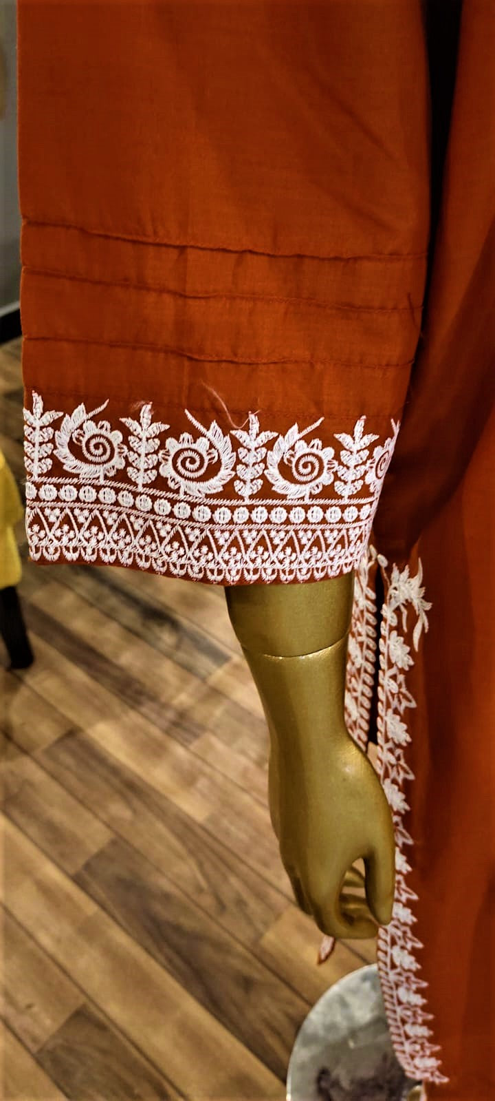 Ready to Wear- 2 Piece -Orange Colour Lawn , Embroidery Shirt (Neck, Sleeves, Back) with Lawn Embroidery Trousers.