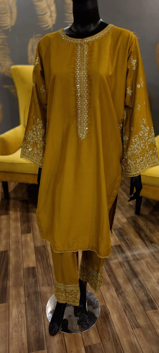 Ready to Wear- 2 Piece -Mustard Color Lawn , Embroidery Neck, Sleeves with Pockets .