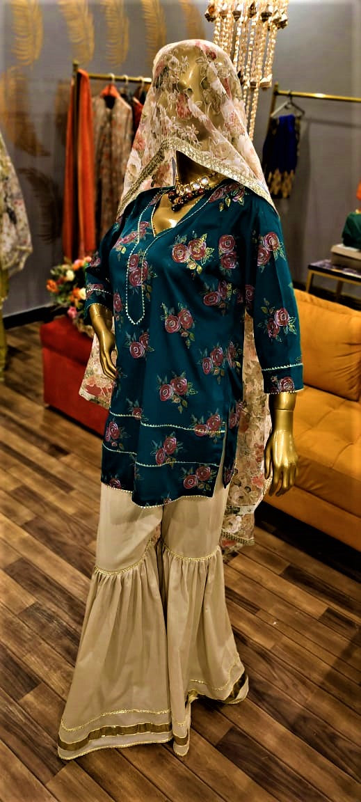 3 Piece Green Color Lawn Suit with Garara and Organza Duppatta